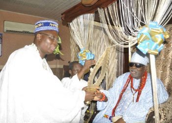Akogun Gani Adams being conferred with the title of Akogun of Badagry by Akran of Badagry
