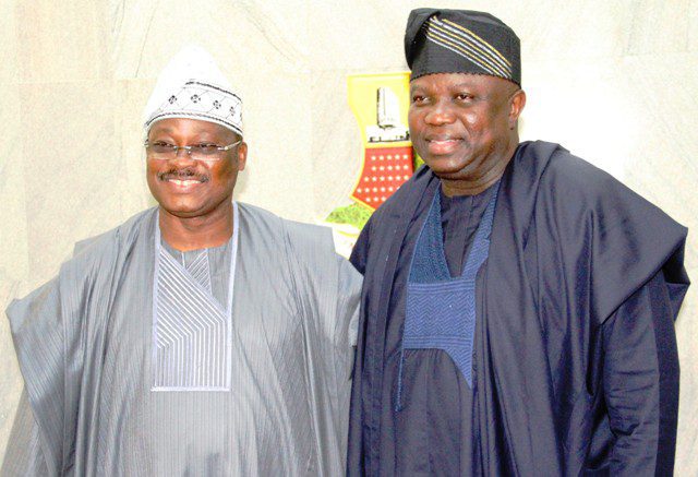 PIC 3 (1) - National Insight News L-R: Oyo State Governor, Senator Abiola Ajimobi; and his Lagos State counterpart, Mr. Akinwumi Ambode, during a courtesy call on Ajimobi, at his office, in Ibadan... on Wednesday. Photo: Oyo State Governor's Office