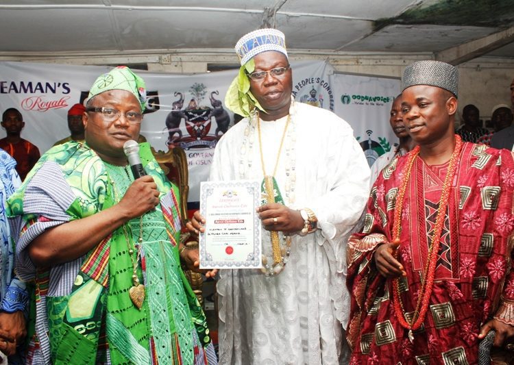 _MG_0090 - National Insight News Ataoja of Osogbo, Oba Jimoh Oyetunji Laaroye 11  presenting certificate to Otunba Gani Adams as the Agbaakin of Osogboland  today