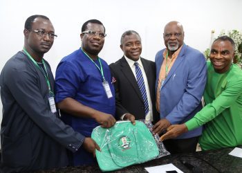 L/R; Chairman Plateau State Pentecostal Fellowship of Nigeria PFN, Rev. Dr. Steven Dangana; Chairman of Pentecostal Fellowship of Nigeria PFN Forum, Apostle, Zilly Aggrey; Executive Secretary, Nigeria Christian Pilgrim Commission (NCPC), Rev. Uja Tor Uja; Vice, Chairman PFN Forum, Bishop. sola ore; and the National Admin. Secretary PFN, Pastor Akinola Akinwale holding NCPC Pilgrims Bag during the State's Chairmen of PFN Visit to the Commission's corporate headquarters in Abuja,