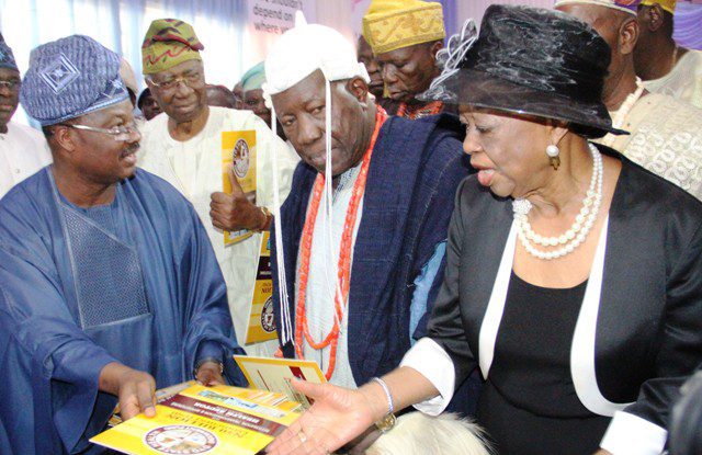 PIC 4 (1) - National Insight News L-R: Oyo State Governor, Senator Abiola Ajimobi; Emeritus Professor Oladipo Akinkugbe; Olubadan of Ibadanland, Oba Saliu Adetunji; and eminent lawyer, Chief Folake Solanke, SAN, during the launching of the state's N50bn healthcare endowment fund, at the International Conference Centre, University of Ibadan, Ibadan... on Thursday. Photo: Governor's Office