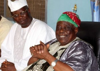 Aare Gani Adams, The Aare Onakakanfo of Yoruba Land  andHis Royal Majesty Oba Omowonuola Oyeyode Oyesosin, The Ogiyan of Ejigbo Land at his palace today in Ejigbo, Osun State