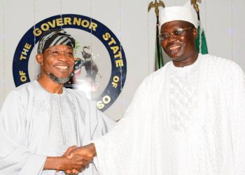 Osun state governor Ogbeni Rauf Aregbesola and Aare Gani Adams , the Aare Ona Kakanfo of Yorubaland during a visit to the governor in his office