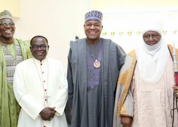 Speaker,House of Representatives, Rt. Hon. Yakubu Dogara (2nd right), Rev. Mathew Kukah ( right), Emir of Keffi, Alhaji Shehu Chindo Yamusa III (2nd left) and Vice Chancellor, Nasarawa State University, Prof. Muhammad Akaro Mainoma (left ) at the 3rd Public Lecture Series on the topic : Deepening Democracy in Nigeria, the role of the Legislature, presented by Speaker of the House of Representatives at Nasarawa State University in Keffi on 11th Dec.2017