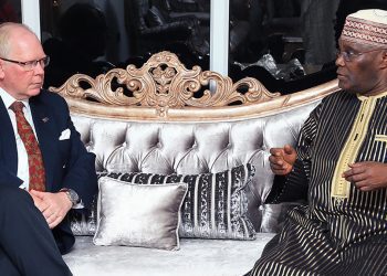 L-R Australian High Commissioner to Nigeria, Mr. Paul Neuhaus, Australian Assistant Secretary for Foreign Affairs and International Trade, Matthew Neuhaus and former Vice President and chieftain of Peoples Democratic Party, Atiku Abubakar, at a courtesy visit to the former Vice President  in Abuja, Thursday.