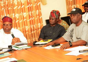 Secretary to Oyo State Government, Mr. Olalekan Alli; Head of Service, Mr. Soji Eniade; and State Chairman of the Nigeria Labour Congress, Mr. Waheed Olojede, during a meeting to resolve the dispute that triggered a three-day warning strike by the state's workforce, at the Governor's Office, Ibadan... on Friday. Photo: Governor's Office