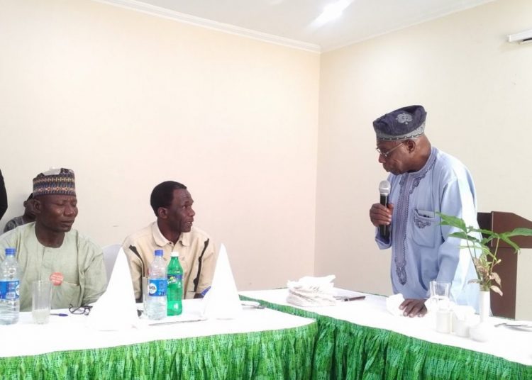 Former President Olusegun Obasanjo addressing the paremt of chibok girls in Abeokuta