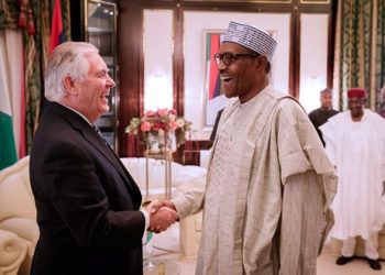 Rex Tillerson exhanging pleasantries with President Buhari during  his official visit to president Buhari  at Presidential Villa  Aso Rock  on Monday