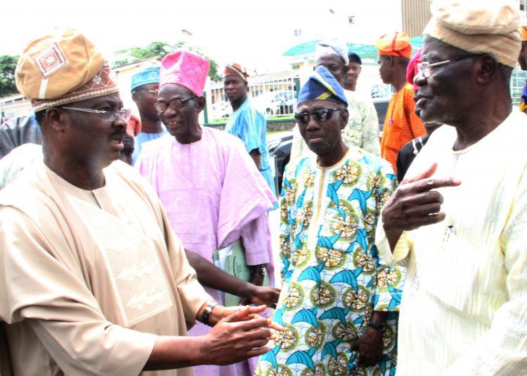 PIC 2 - National Insight News L-R: Oyo State Governor, Senator Abiola Ajimobi; Elder Dayo Adeola; a former state Commissioner for Information, Chief Timothy Jolaoso; and state Chairman of the All Progressives Congress, Chief Akin Oke, during a visit by leaders of the APC in Ibarapa land to the governor, at the Governor's Office, Ibadan... on Monday. Photo: Governor's Office