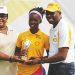 Winner, Girls 16 & MOP, Omolayo Bamidele (middle) receiving from her trophy from Ogunjoye (left) and Ikhanna Mborah of the Sports Ministry at the end of the SNEPco Junior Tennis Championship in Lagos…at the weekend.