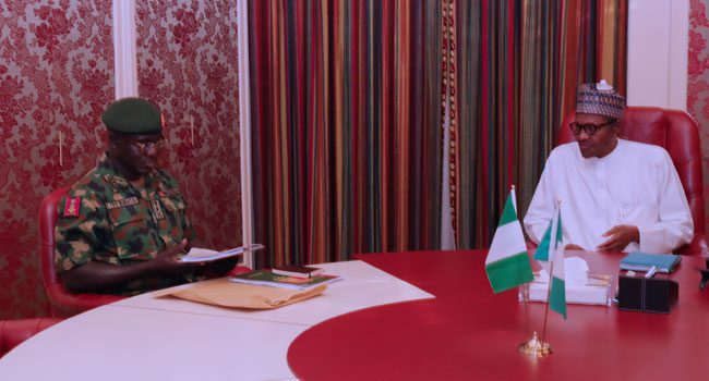 President Muhammadu Buhari meets with the Chief of Army Staff, Lieutenant General Tukur Buratai at the Presidential Villa in Abuja, the nation’s capital.