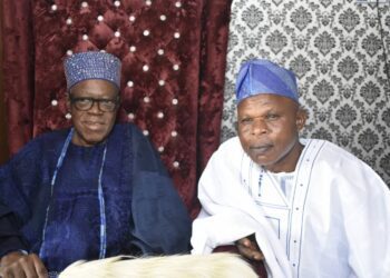 Newly installed Baale of Elerumooke Village in Egbeda LG, Chief Tajudeen Lasisi Oyeleye poses with Olubadan of Ibadanland, Oba Sen Lekan Balogun shortly after his installation.