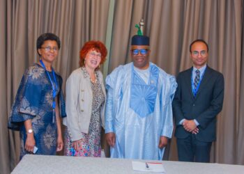 L-r Sue Mbaya,  Dr Flavia Bustreo, Senate President Godswill Akpabio and Mohit Pramanik when the representatives of the World Health Organisation met at the sidelines of the Inter-Parliamentary Union Assembly in Luanda, Angola on Wednesday.