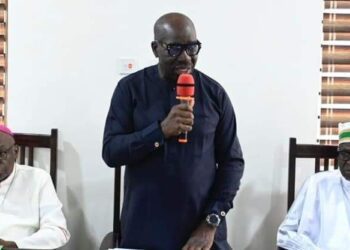 L-R: Archbishop of the Benin Diocese of Catholic Church Bishop Augustine Obiora Akubueze; Edo State Governor, Mr. Godwin Obaseki, and Chauirman, Edo State Christian Association of Nigeria, Irekpono Omoike, at the flag-off of “Feed the Hungry” initiative, with Christian leaders, in Benin City, Friday, March 8, 2024.