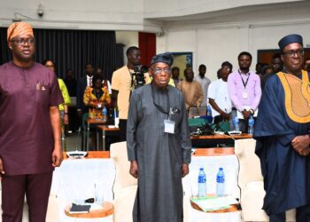 From left, Oyo State Governor, Seyi Makinde; Otunba Oyewole Fasawe; Former President, Chief Olusegun Obasanjo and Director General, International Institute of Tropical and Agriculture (IITA),Dr Simeon Ehui, during the Agribusiness for Food Security Initiative Summit, held at IITA Conference Centre, Ibadan. PHOTO: Oyo Gov's Media Unit.