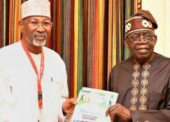 Prof. Jega submitting the Livestock Reforms Committee’s report to President Tinubu