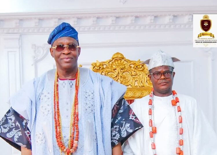 1740685557614 - National Insight News Soun of Ogbomosoland Oba Ghandi Afolabi Olaoye Orumogege 111 and Paramount Ruler of Yewaland and Chairman of the Ogun State Council of Obas, His Royal Majesty, Oba (Dr.) Kehinde Gbadewole Olugbenle, Asade Agunloye IV, during Olu of Ilaro 's visit to Soun's palace on Thursday