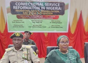 Representative of Controller-General of Corrections, Dr Tukura Yakubu and Secretary Board of Trustees, Nigeria Society for Criminology, Professor Hawau Evelyn Yusuf