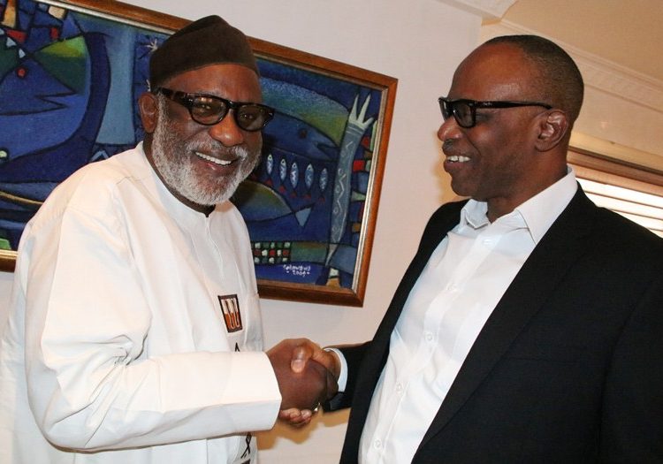 Governor Mimiko and The Governor elect Rotimi Akeredolu SAN during  the latter's visit to Governor's office in Akure recently