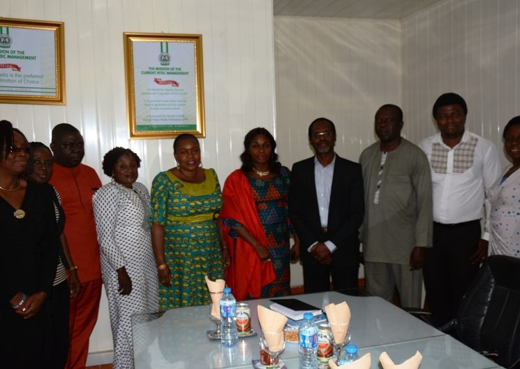 The Acting Director General, Nigerian Tourism Development Corporation  (NTDC),  Mrs. Mariel Rae-Omoh (6th Left); President , Federation of Tourism Associations of Nigeria (FTAN), Mr Tomi Akingbogun (7th Left)  the Management team of both NTDC and FTAN during a courtesy visit by FTAN to the Acting Director General to seek collaboration and partnership on tourism development held at the Corporate Headquarters  of the Corporation in Abuja recently.