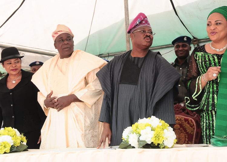 Governor Abiola Ajimobi of Oyo State (Second right) greeting some workers at the 2017 Inter-Faith Service of the Oyo State Government held at Governor's Office, Ibadan on Wednesday.