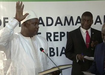 Adama Barrow is sworn in as president of the Gambia at the country’s embassy in Dakar, Senegal. Photograph: AP