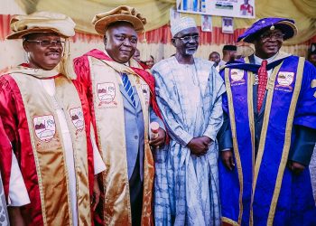 Oyo State Governor, Senator Abiola Ajimobi; Hon. Oladipo Adebutu; a former Kano State Governor, Mallam Ibrahim Shekarau; and Chairman, Governing Council of Ekiti State University, Prince Dayo Adeyeye, shortly after the governor was conferred with the university's Doctor of Business Administration (Honoris Causa), in Ado-Ekiti as part of its 22nd convocation ceremony... on Saturday. Photo: Governor's Offic