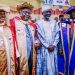 Oyo State Governor, Senator Abiola Ajimobi; Hon. Oladipo Adebutu; a former Kano State Governor, Mallam Ibrahim Shekarau; and Chairman, Governing Council of Ekiti State University, Prince Dayo Adeyeye, shortly after the governor was conferred with the university's Doctor of Business Administration (Honoris Causa), in Ado-Ekiti as part of its 22nd convocation ceremony... on Saturday. Photo: Governor's Offic