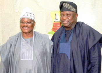L-R: Oyo State Governor, Senator Abiola Ajimobi; and his Lagos State counterpart, Mr. Akinwumi Ambode, during a courtesy call on Ajimobi, at his office, in Ibadan... on Wednesday. Photo: Oyo State Governor's Office