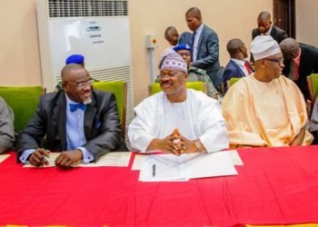 Governor Abiola Ajimobi of Oyo State (middle), his counterpart from Ekiti, Mr. Ayodele Fayose (second right), the Secretary to the Oyo State Government, Mr. Ishmaell Alli (left), Commissioner for Information, Culture and Tourism, Mr. Toye Arulogun (second left) and a veteran Journalist, Mr. Felix Adenaike at the first Oyo State Information Summit held in Ibadan