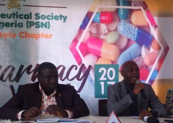 Pharmacists Abiodun Ajibade, Chairman Oyo state Branch of Pharmaceutical Society of Nigeria  flanked by  immediate past chairman and  another key member of the Association