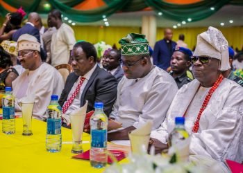 L-R Executive Governor of yo state Senator Abiola Ajimobi, Deputy Governor Chief Moses Aake Adeyemo,Speaker Oyo state House of Assembly, Barrister Michael Adeyemo and Oba of Lagos Oba Rildwan Akiolu at the launching of Oyo state  Education Trust Fund in Ibadan