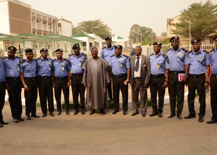 Oyo State Governor, Senator Abiola Ajimobi (7th right); and Commissioner of Police at the State Command, Mr. Abiodun Odude (6th left), and other senior officers and new area commanders from the command during a visit to the the Governor's Office, Ibadan... on Thursday. Photo: Governor's Office