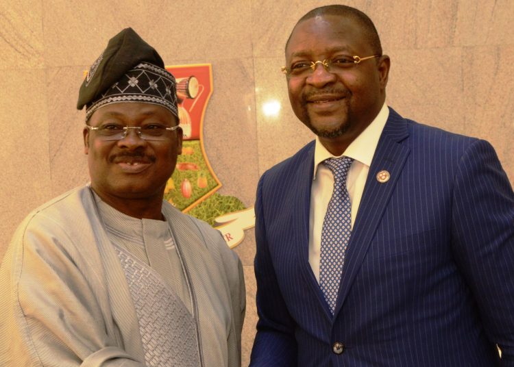 L-R: Oyo State Governor, Senator Abiola Ajimobi; and Executive Commissioner, Stakeholders' Management, Nigerian Communications Commission, Mr. Sunday Dare, during his visit to the governor, in his office, in Ibadan... on Tuesday. Photo: Governor's Office