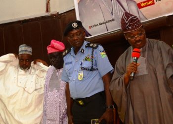 L-R: First Vice President, Miyetti Allah Cattle Breeders Association of Nigeria, Alhaji Hussein Bosso; Oyo State Chairman, All Farmers Association of Nigeria, Chief Amos Ajibesin; Commissioner of Police at the state command, Mr. Abiodun Odude; and State Governor, Senator Abiola Ajimobi, at a stakeholders' meeting to resolve the lingering farmers-herdsmen clashes, held at the House of Chiefs, Secretariat, Ibadan... on Monday. Photo: Governor's office
