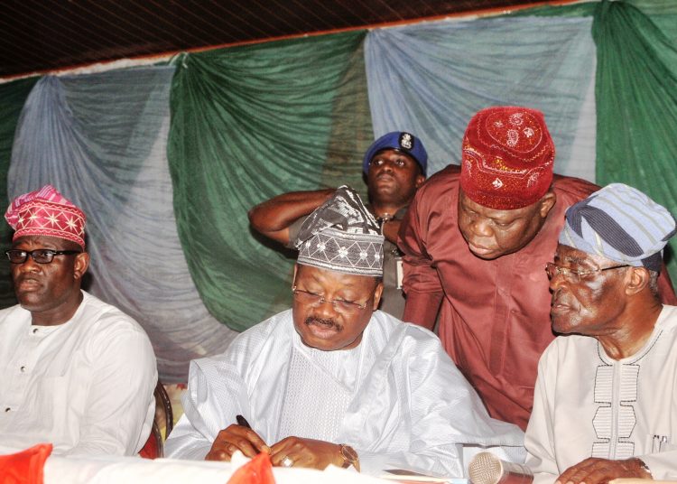 Oyo State Governor, Senator Abiola Ajimobi; State Chairman of the All Progressives Congress, Chief Akin Oke; Deputy Chairman, Alhaji Isiaka Alimi; and State Secretary, Hon. Mojeed Olaoya, during the party's indirect primaries that produced consensus candidates for the proposed May 12 election into Local Government and Local Council Development Areas of the state, at Lafia Hotel, Ibadan... on Friday. Photo: Governor's Office