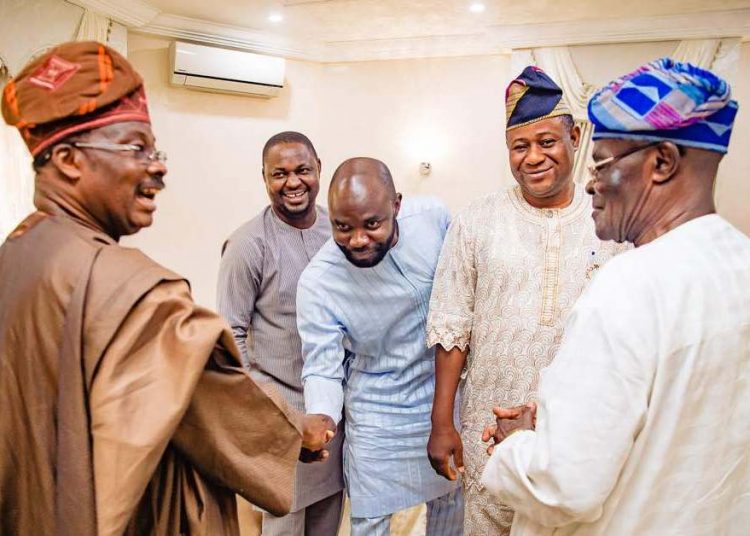 L-R: Oyo State Governor, Senator Abiola Ajimobi; members of the House of Representatives from the state: Prince Akeem Adeyemi; Hon. Saheed Fijabi, and Hon. Olusegun Odebunmi; as well as state Chairman of the All Progressives Congress, Chief Akin Oke, shortly after his inauguration for a fresh term at the party's national headquarters, Abuja... on Monday. Photo: Governor's Office