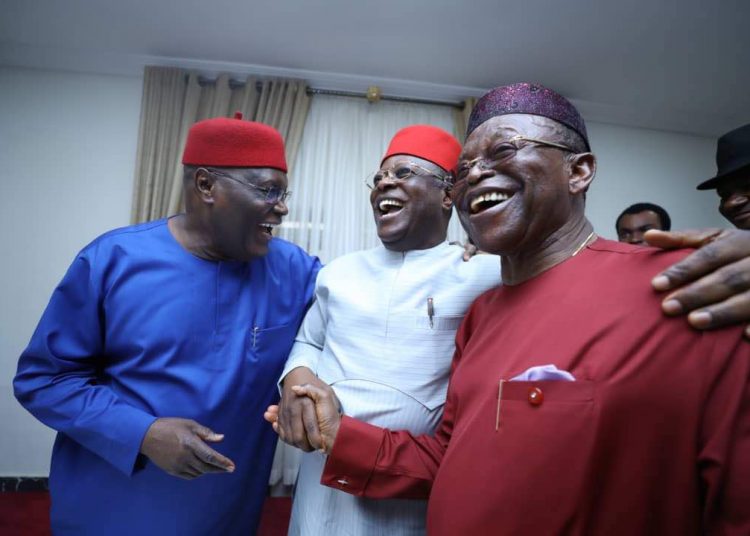 ormer Vice President and frontline presidential hopeful of the Peoples Democratic Party, Atiku Abubakar, in a convivial exchange of greetings with the Governor of Ebonyi State, David Umahi and Senator Fidelis Okoro at the Ebonyi Government House, Abakaliki when Atiku visited the state on Tuesday in continuation of his nationwide consultations with PDP stakeholders.