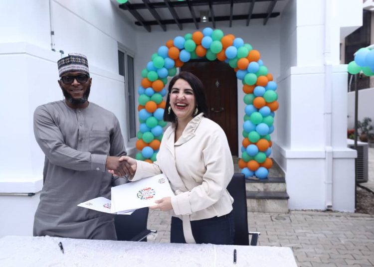 Adamu Atiku Abubakar and Dr Reem Osman at the signing  of MoU partnership  between West Africa Healthcare Services of Nigeria founded by former Vice President Atiku Abubakar and  the Saaudi German Hospital for the Saudi referral hospital in Abuja at the weekend