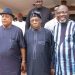 Former president Olusegun Obasanjo with some of the leaders of PDP after the meeting