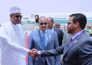 President Muhammadu Buhari and his Mauritanian counterpart, President Mohamed Ould Abdel Aziz, on his arrival for the 31st AU Summit in Nouakchott, Mauritania, on June 30, 2018.