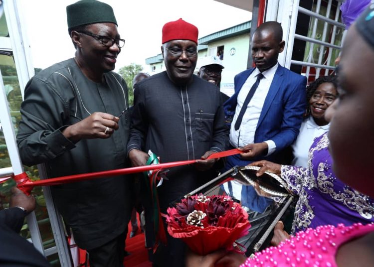 Former Vice President and frontline contender for the Peoples Democratic Party (PDP) presidential ticket, Atiku Abubakar  and DG Atiku Presidential Campaign Organization, Otunba Gbenga Daniel at the commissioning of Enugu State office of the Atiku Cam