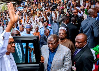 President Buhari waves at supporters as he arrives at a rally in support of APC’s candidate for the Bauchi South Senatorial District bye-election on Thursday… August 2, 2018