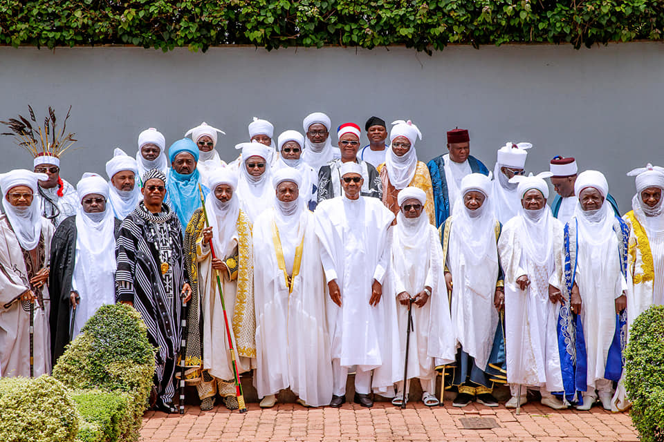 President Buhari with Emir of Kano H.H. Muhammadu Sanusi II as he receives in courtesy visit Traditional Leaders from the North in State House on 23rd Aug 2019