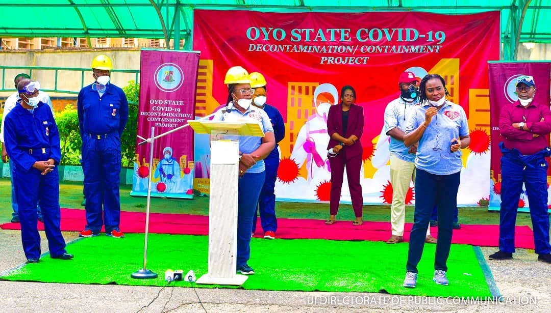 L-R: Oyo state Commissioner for Health Dr Bashir Bello, SSG, Mrs Olubamiwo Adeosun, Decontamination and Containment Project Chairperson, Prof Olanike Adeyemo today at state Secretariat Agodi to flag off Decontamination Exercise