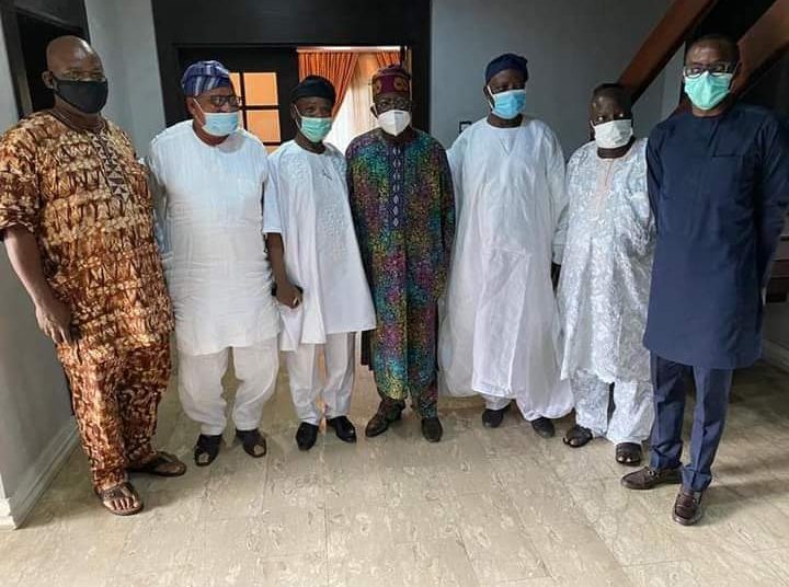 Former Govenor of Oyo State, High Chief Rasheed Ladoja, Commodore Isaac Morakinyo Jolapamo and Mr. Femi Okeowo, on Tuesday, paid a courtesy visit to former Lagos State Governor and national leader of the All Progressives Congress (APC), Asiwaju Bola Tinubu in his Bourdillon, Ikoyi, Lagos residence.