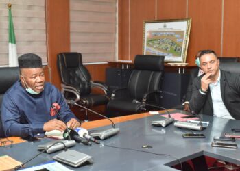 Minister, Niger Delta Affairs Ministry, Senator Godswill Akpabio, addressing the Press on the blockage of the East West Road, by Niger Delta youths with the Managing Director of the Reynolds Construction Company (RCC) in his office in Abuja on Thursday