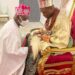 Former President Olusegun Obasanjo knelt down before the new Olu of Warr