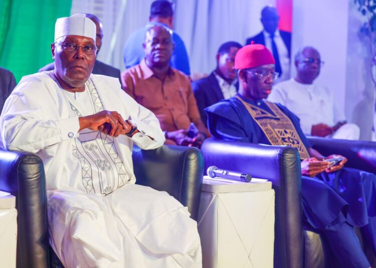 Presidential candidate of the Peoples Democratic Party and former Vice President of Nigeria, Atiku Abubakar;  his running mate and Governor of Delta State, Dr. Ifianyi Okowa, at the unveiling of the Recovery Nigeria messaging brand, by the Directorate of Strategic Communications of the PDP Presidential Campaign Council in Abuja on Friday.