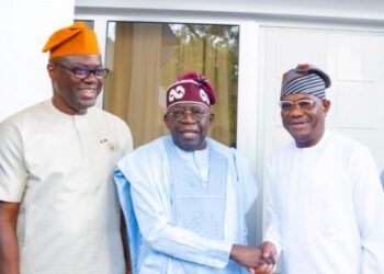 President Tinubu flanked by Gov Seyi Makinde of Oyo state and Nyesom Wike Former Governor of River State